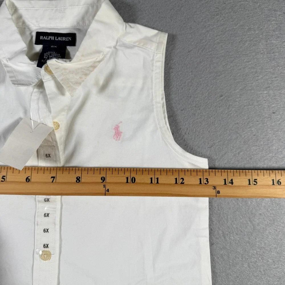 Ralph Lauren Girls White Sleeveless Button Down Shirt Pink Pony Logo Size 6X